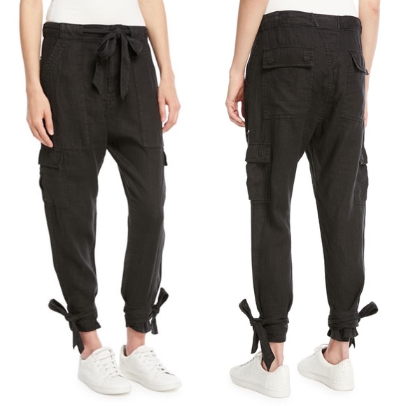 Joie Pants - JOIE Erlette Cropped Linen Cargo Pants High Waisted Slouch Waist Ankle Tie Black